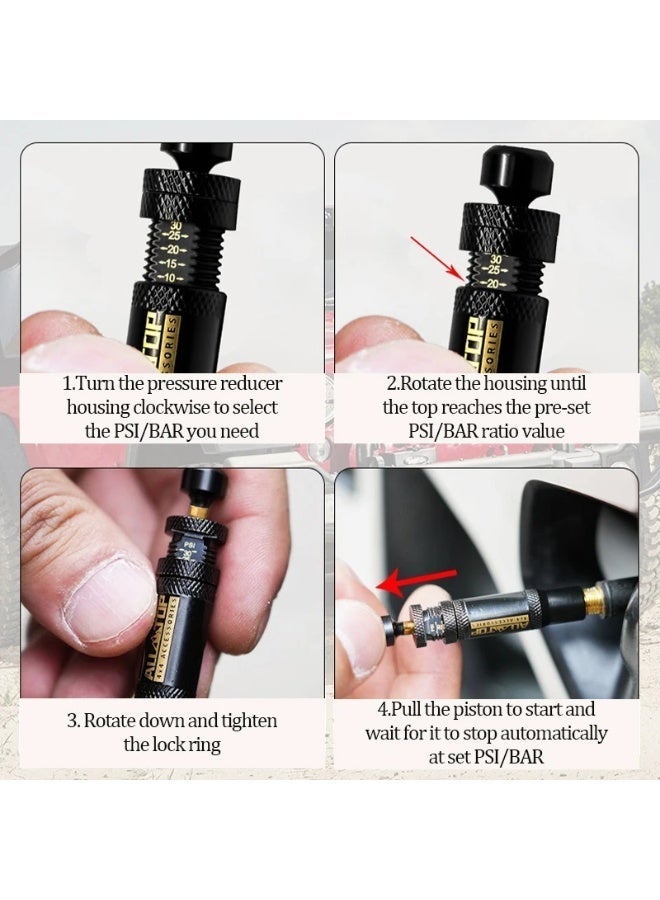 ALL-TOP مجموعة صمامات تخفيض ضغط الإطارات القابلة للتعديل (10-30 PSI) 4 قطع أداة تخفيض الهواء للإطارات يمكن ربطها للاستخدام في الطرق الوعرة 4x4 (مع 5 أغطية صمامات) - Image 4